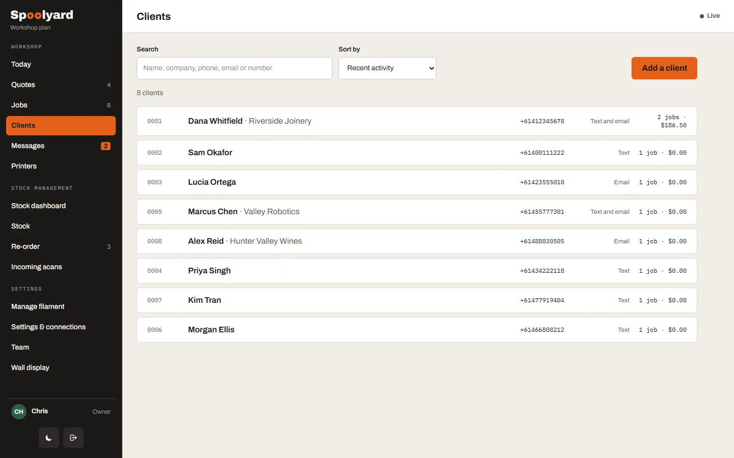The Clients page