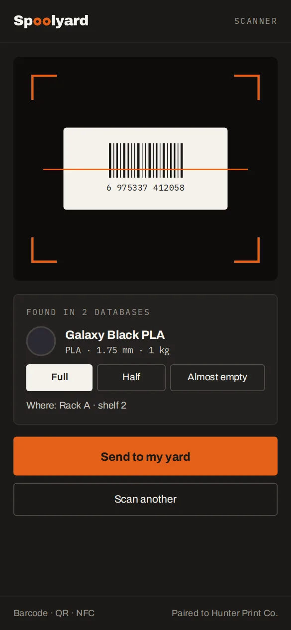 The Spoolyard Scanner app after a scan